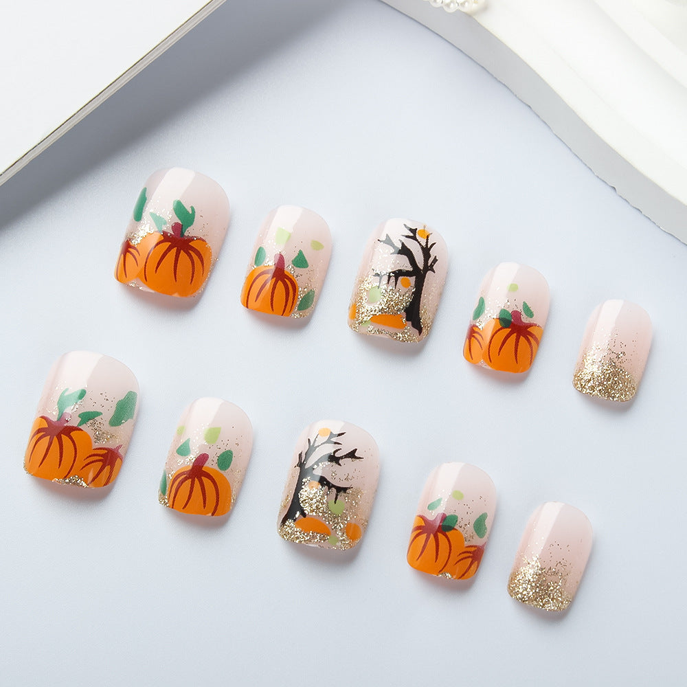 Autumn Harvest Short Square Orange with Glittery Pumpkin Design Press On Nail Set