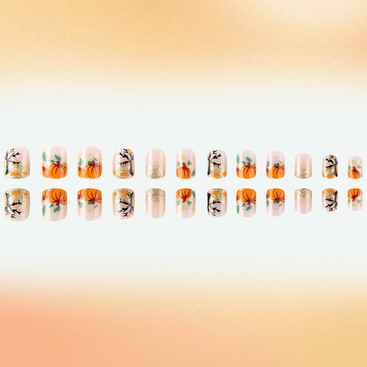 Autumn Harvest Medium Square Orange and Gold Glitter Pumpkin-Themed Press-On Nail Set