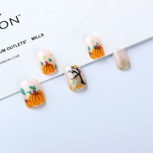 Autumn Charm Short Square Orange Pumpkin Design Press On Nail Set