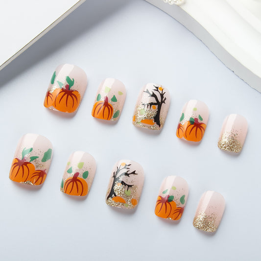 Autumn Harvest Glossy Medium Square Orange and Gold Glitter Pumpkin Design Press On Nail Set