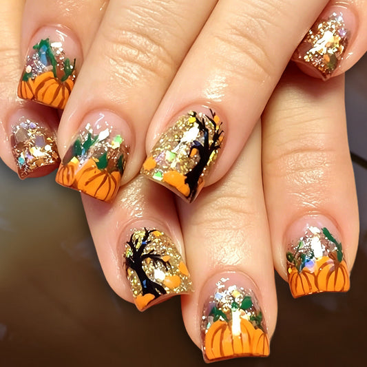 Autumn Elegance Short Square Orange with Glittery Pumpkin Design Press on Nail Set