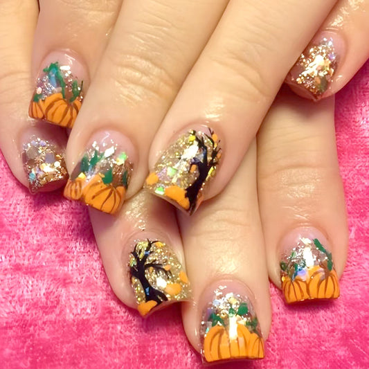 Autumn Elegance Medium Square Gel Press On Nail Set in Golden Sparkle with Pumpkin Patch Design