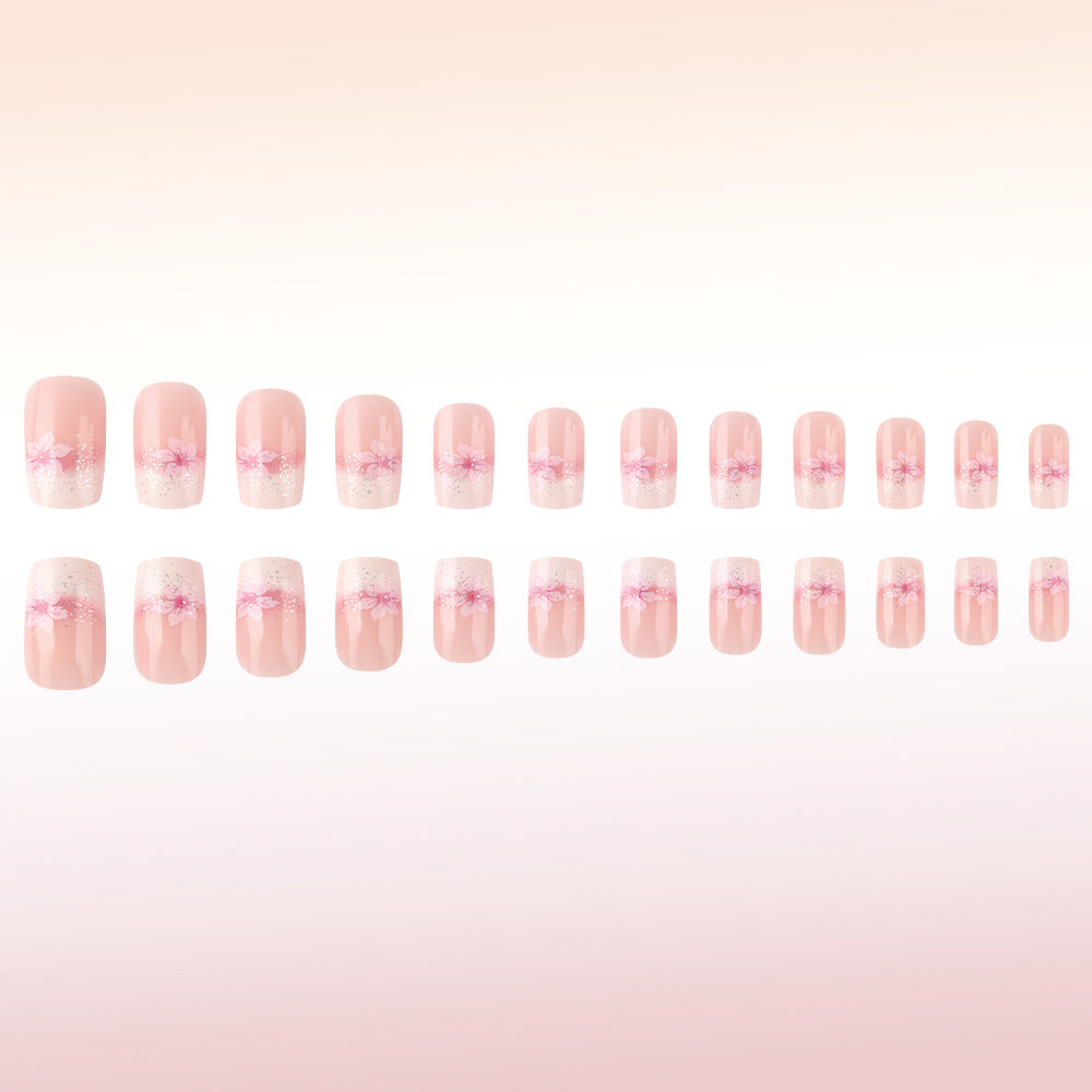 Blossom Elegance Medium Square Shaped Soft Pink with Floral Accent Press On Nail Set