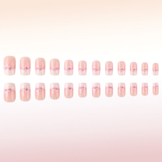 Blossom Elegance Medium Square Shaped Soft Pink with Floral Accent Press On Nail Set