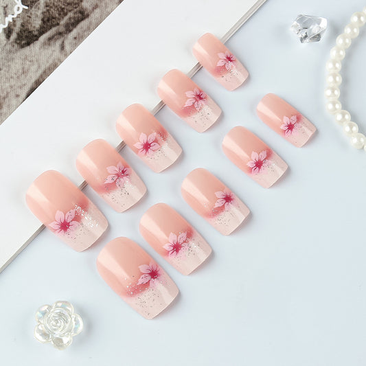 Blossom Dream Medium Square Press On Nail Set in Pink with Floral Design and Glitter Accent