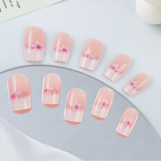 Blossom Bliss Medium Square Pink Gradient Nails with Floral Design