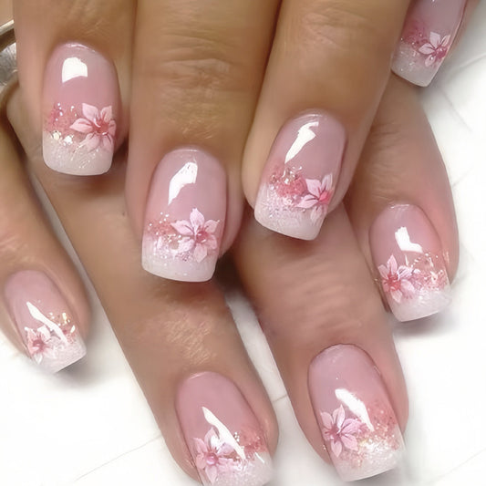 Blossom Dreams Medium Square Pink with Floral Design Press On Nail Set