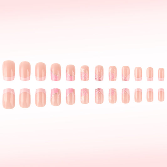 Charming Blossom Press On Nail Set Medium Square Pink with Floral Glitter Accents