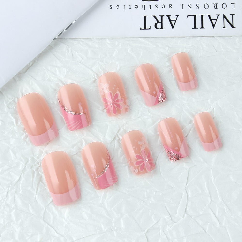 Blossom Elegance Medium Square Pink Press-On Nail Set with Floral Accents and Glitter Details