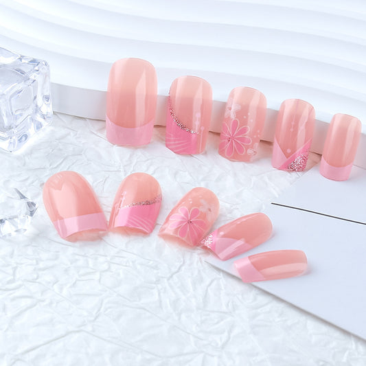 Whimsical Blooming Pink Medium Square Shaped Press On Nail Set with Delicate Floral Accents and Glittery Details