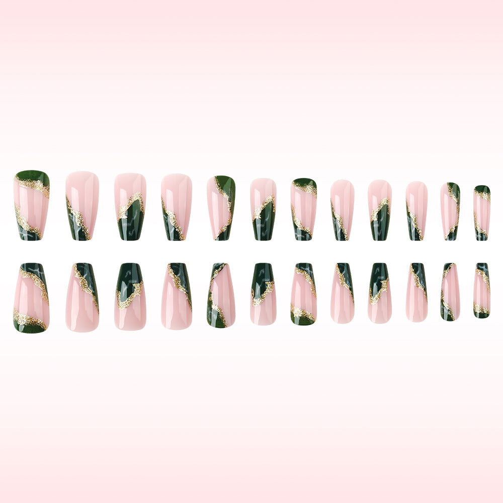 Elegant Forest Whispers Press On Nail Set in Long Coffin Pink and Green with Gold Accent Design