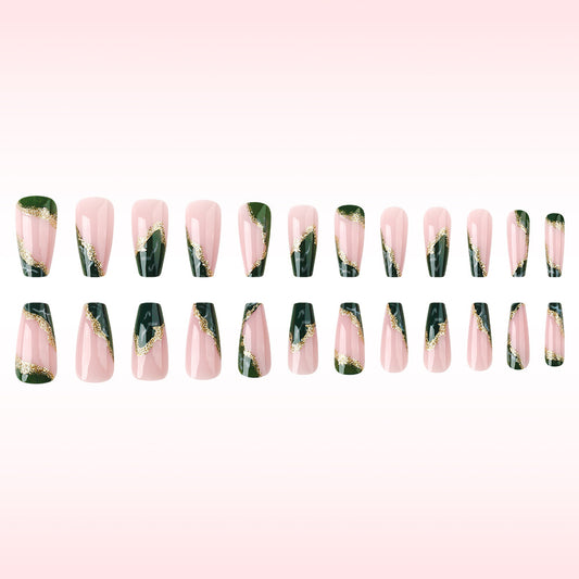 Elegant Forest Whispers Press On Nail Set in Long Coffin Pink and Green with Gold Accent Design
