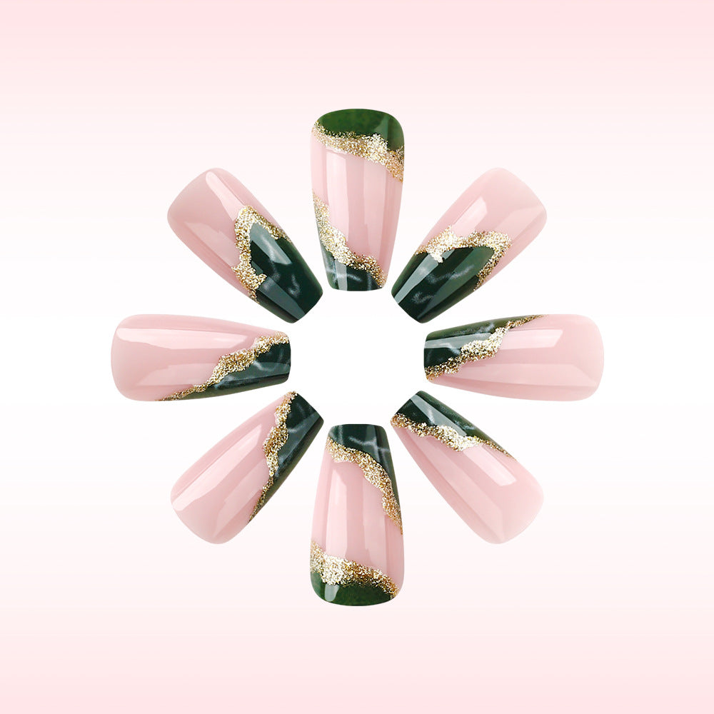 Glamorous Botanical Lengthy Long Coffin Shaped Pink and Green Press On Nail Set with Gold Accent Design