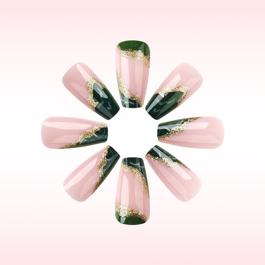 Glamorous Botanical Lengthy Long Coffin Shaped Pink and Green Press On Nail Set with Gold Accent Design