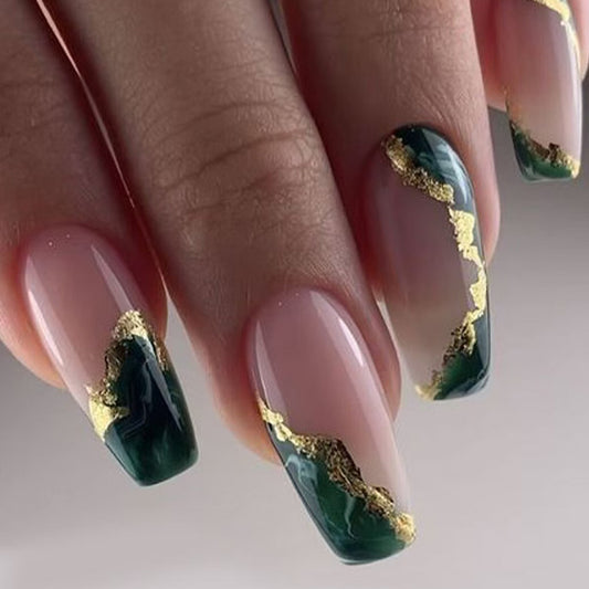 Elegant Emerald Wave Long Coffin Green and Beige Press on Nail Set with Gold Accent Design