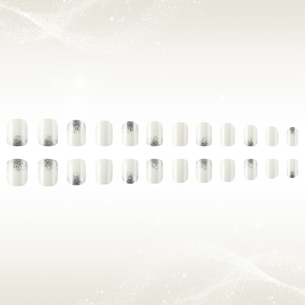 Celestial Glamour Short Square White Nails with Silver Glitter Ombre Effect