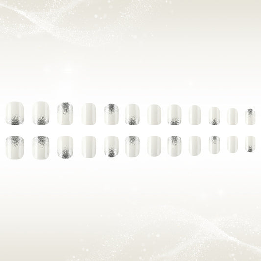 Celestial Glamour Short Square White Nails with Silver Glitter Ombre Effect