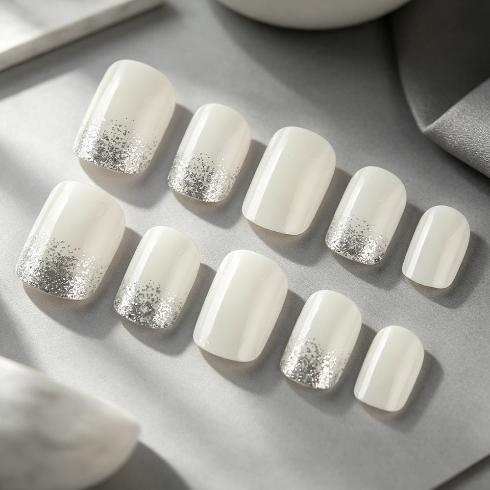 Elegant Winter Wonderland Short Square White with Glitter Gradient Press-On Nail Set