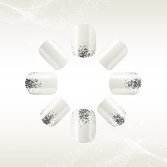 Celestial Elegance Glossy Short Square White Nails with Silver Glitter Gradient Finish