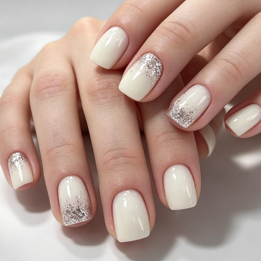 Chic Elegance Short Square Ivory with Glitter Accent Press On Nail Set