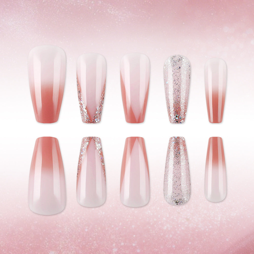 Blushing Elegance Long Coffin Soft Pink Ombre and Glitter Press On Nail Set