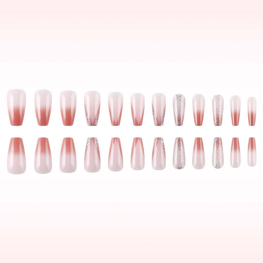 Dreamy Blossom Press-On Nail Set in Long Coffin Shape Soft Pink Color with Dazzling Ombre Highlights