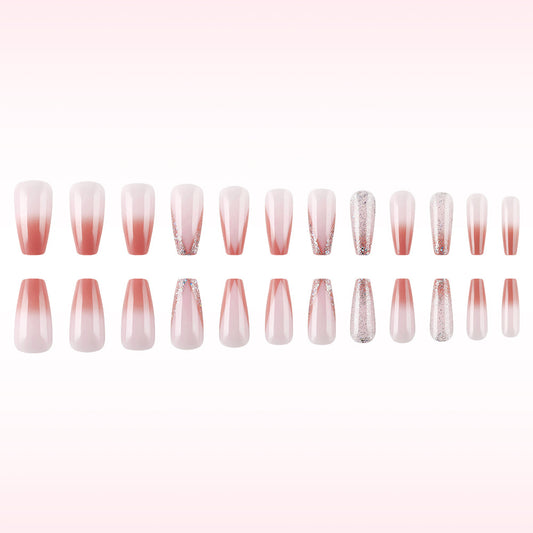 Dreamy Blossom Press-On Nail Set in Long Coffin Shape Soft Pink Color with Dazzling Ombre Highlights