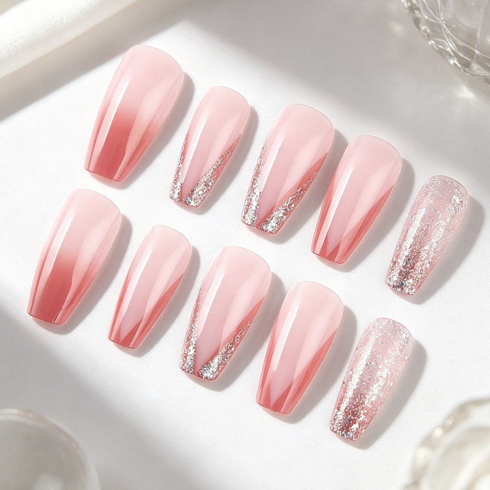 Glamorous Dreamy Long Coffin Pink Ombre Nails with Glitter Accent Finish