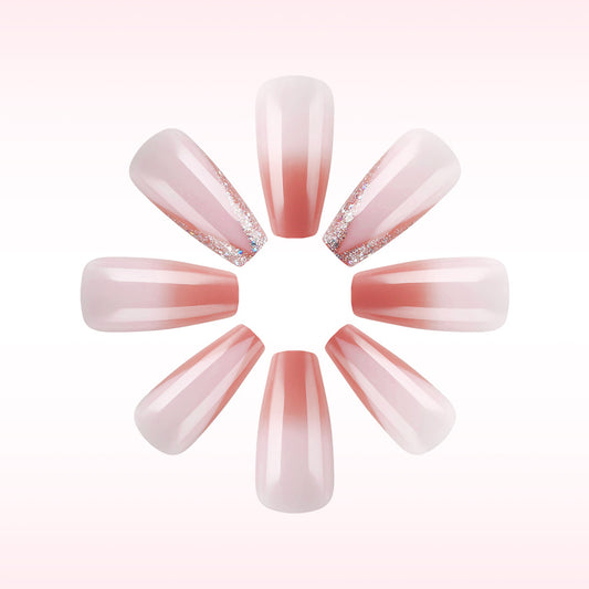 Blossom Dreams Long Coffin Pink Ombre Press On Nail Set with Shimmering Gradient Accents