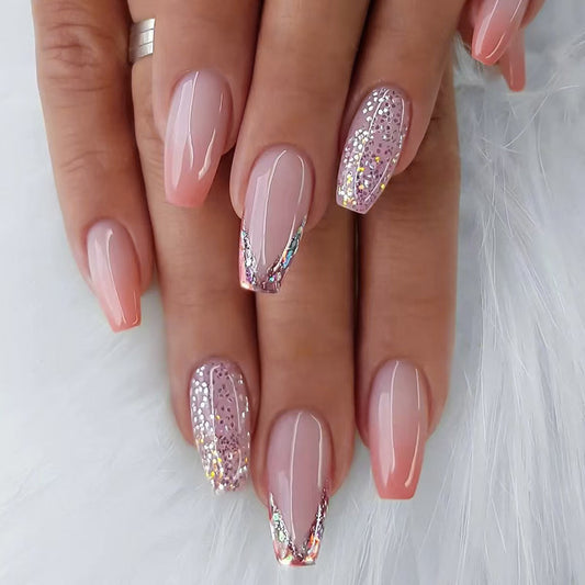 Glamorous Chic Long Coffin Blush Pink with Glittering Ombre Tip Press On Nail Set