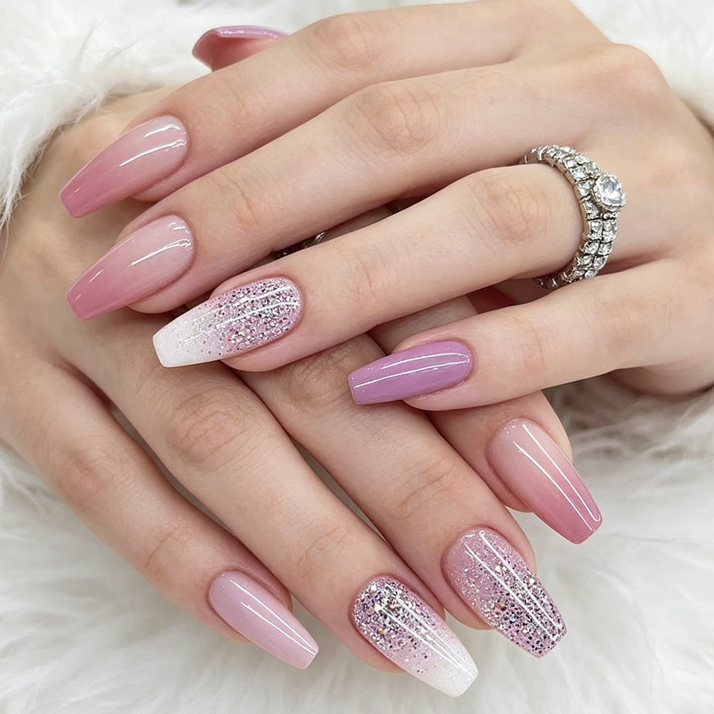 Chic Ombre Long Coffin Pink Glitter Press On Nail Set