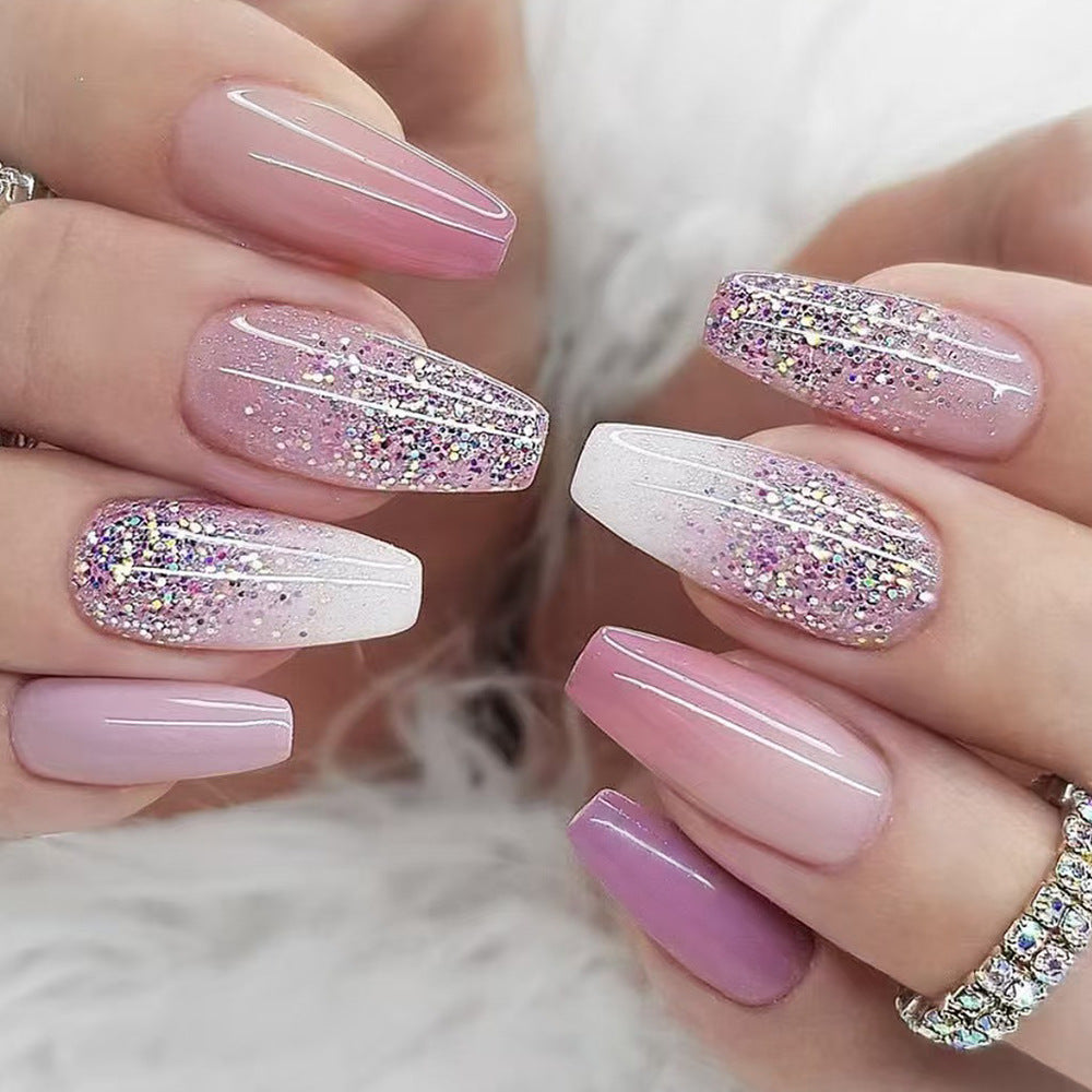 Enchanted Garden Long Coffin Pink Ombre with Sparkling Glitter Press-On Nail Set