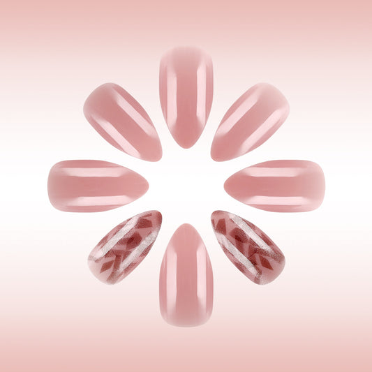 Blush Elegance Long Almond Pink Glossy Nails with Unique Geometric Accent