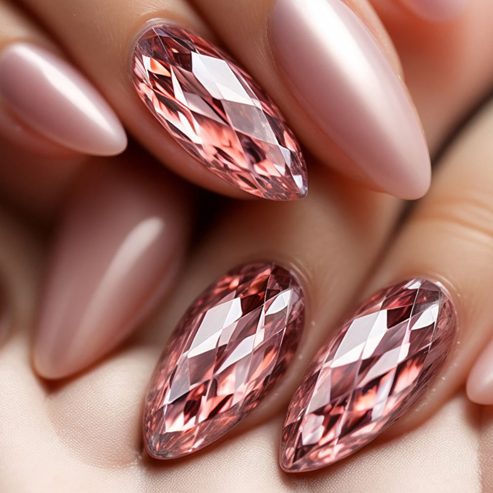 Glamorous Elegance Long Almond Blush Pink with Stunning Crystal Accents Press on Nail Set