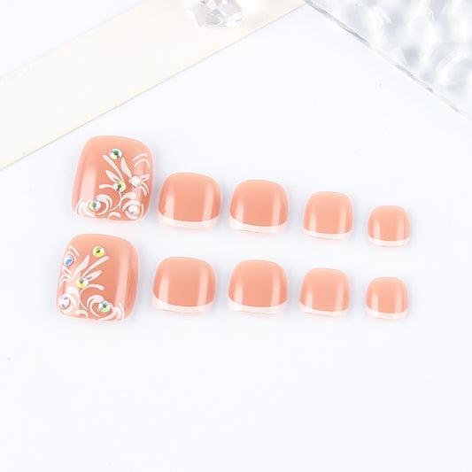 Elegant Garden Inspired Short Square Peach Press-On Toenail Set with Embellished Floral Design