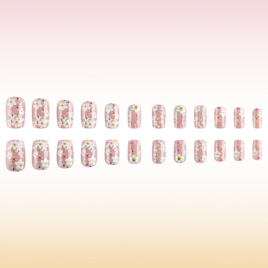Blossom Dreams Medium Square Press On Nails in Soft Pink with Floral Accents and Long Lasting Finish