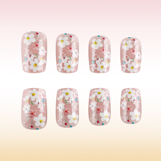 Whimsical Blossom Elegance Medium Square Pink Press On Nail Set with Floral Artistry