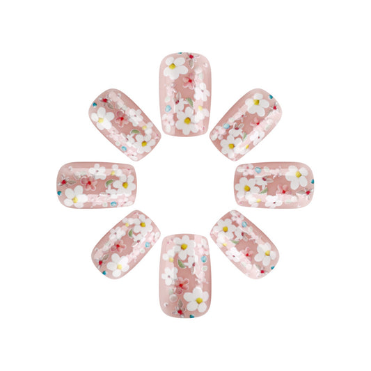 Blossom Breeze Medium Square Pink Floral Press On Nail Set with Delicate Design
