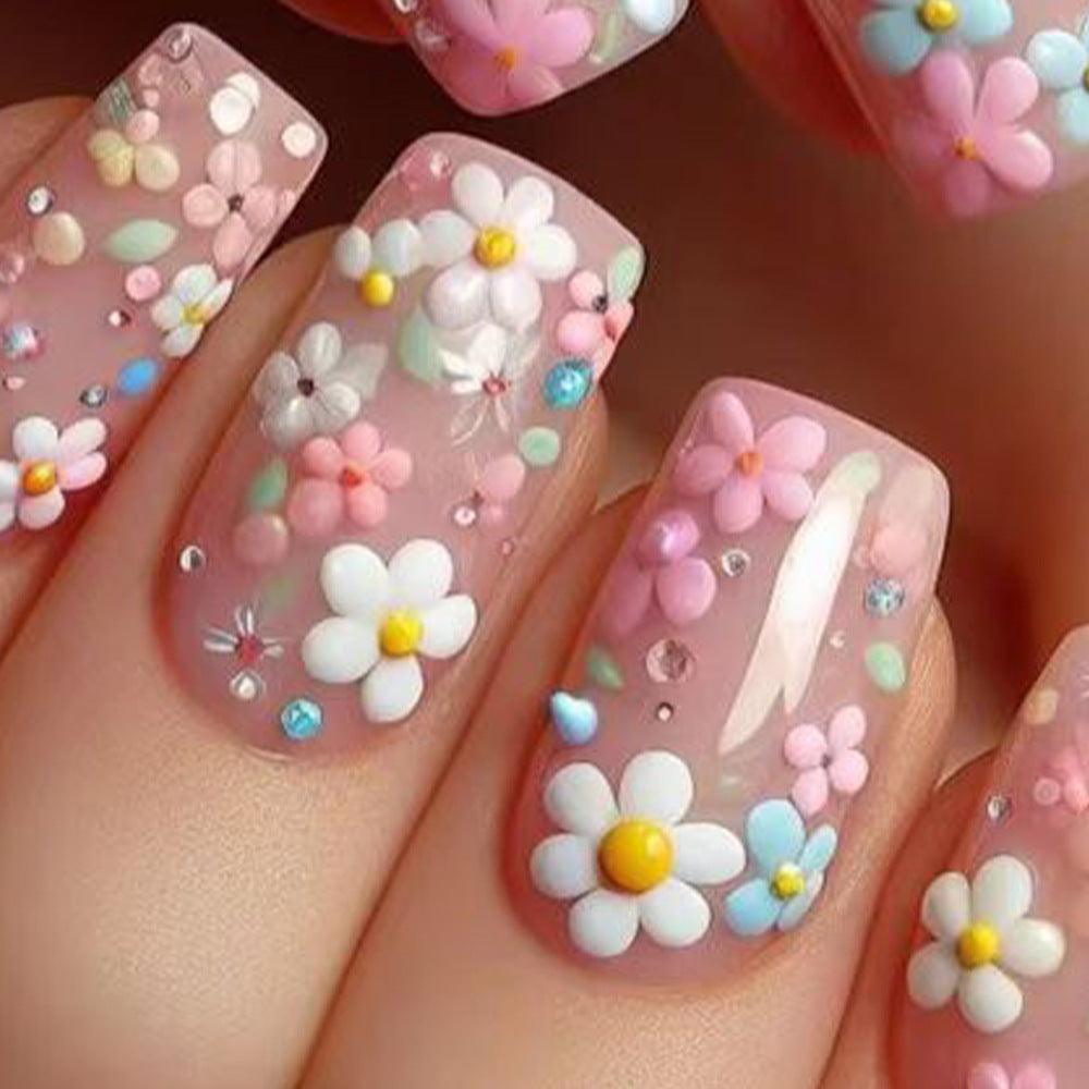 Blossom Beauty Medium Square Soft Pink Floral Press On Nail Set with Sparkling Gem Accents
