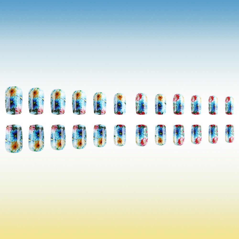 Floral Fantasy Medium Square Multi-Colored with Vibrant Flower Design Press-On Nail Set