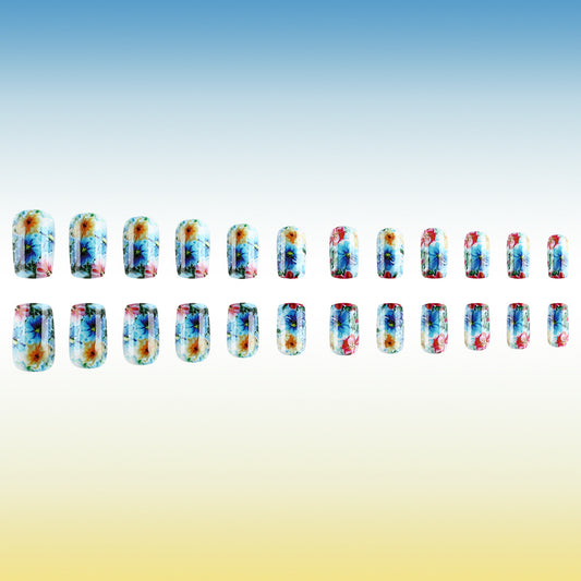 Floral Fantasy Medium Square Multi-Colored with Vibrant Flower Design Press-On Nail Set