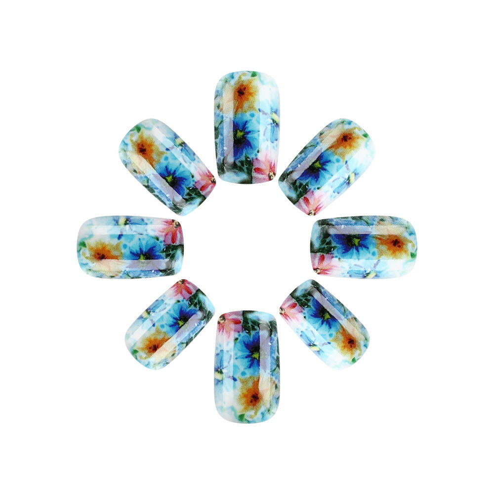 Nature's Blossom Dreamy Medium Square Press On Nails Floral Design in Soft Blue and Pastel Pink