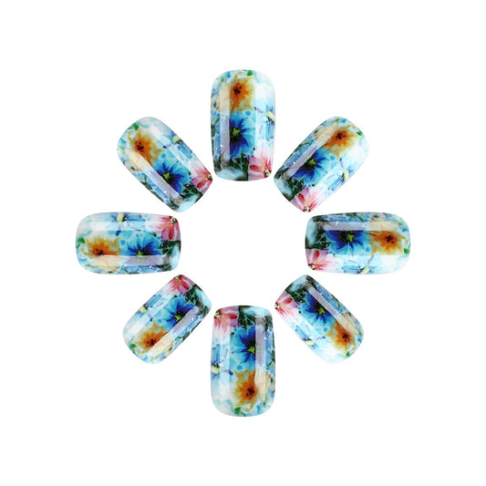 Nature's Blossom Dreamy Medium Square Press On Nails Floral Design in Soft Blue and Pastel Pink