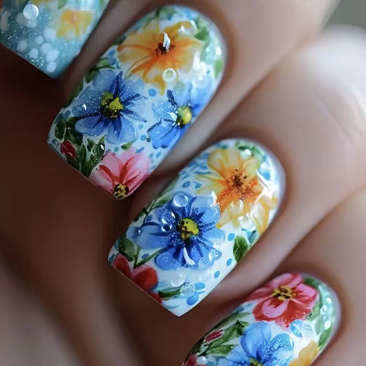 Garden Bliss Floral Medium Square Press On Nail Set with Glossy Finish
