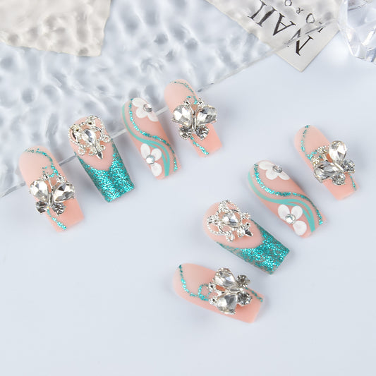 Whimsical Glamour Long Square Pink and Teal Glitter Press-On Nail Set with Floral Accent and Gemstone Embellishments
