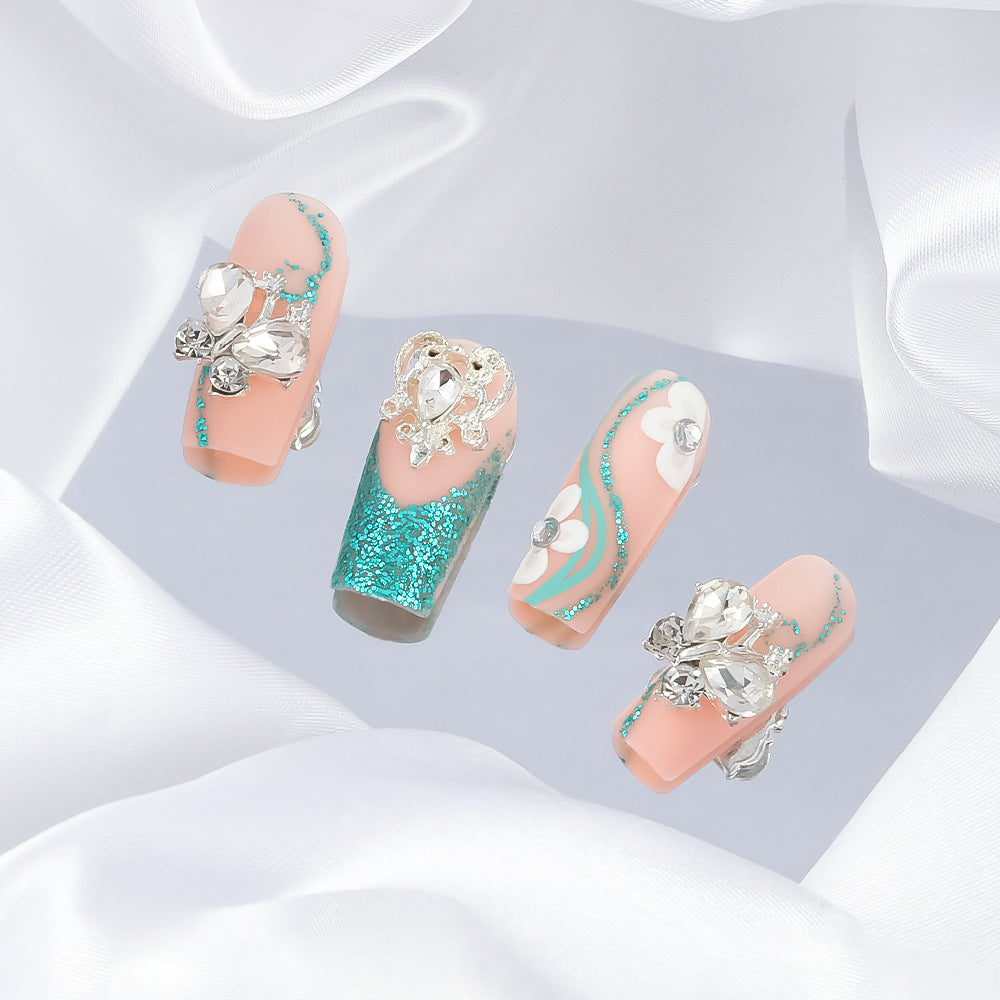 Charming Garden Essence Long Square Peach Green Glitter and Elegant Crystal Accents Press on Nail Set