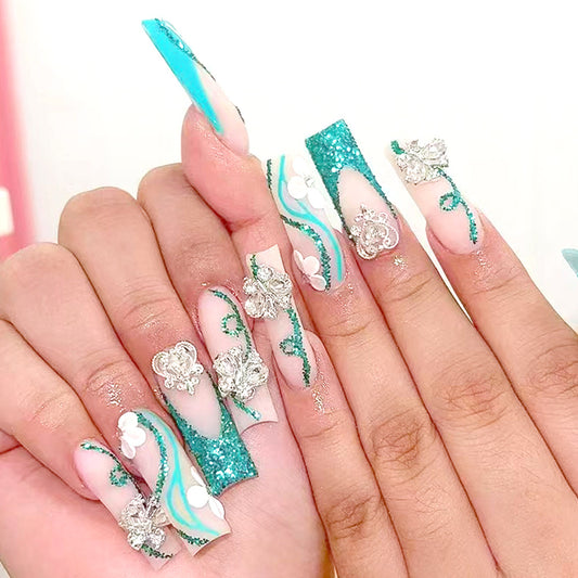 Tropical Paradise Extra Long Coffin Turquoise and White Press On Nail Set with Sparkling Gem Accents