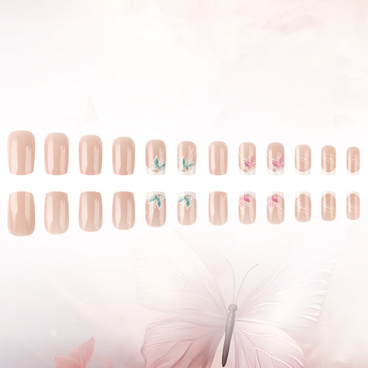 Whimsical Butterfly Dream Medium Square Blush Pink Press-On Nail Set with Floral Accents