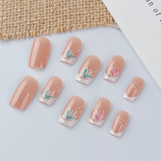Whimsical Garden Fantasy Medium Square Peach Press On Nail Set with Floral Accents
