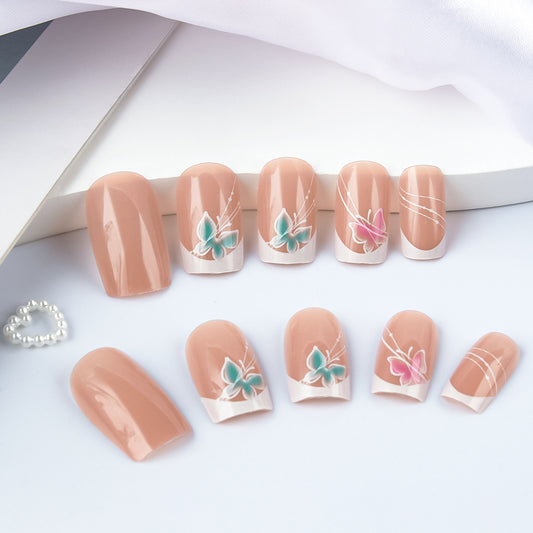 Whimsical Floral Elegance Medium Square Beige Press On Nail Set with Stunning Butterfly Art